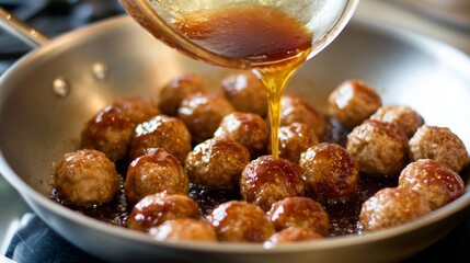 Meatballs cooking in a frying pan, pouring sweet and sour glaze