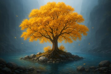 Golden Tree Growing on Small Island in Misty Fantasy Lake