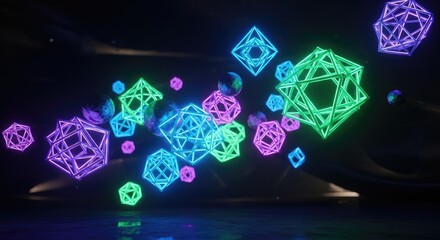 Vibrant neon geometric shapes floating in dark space