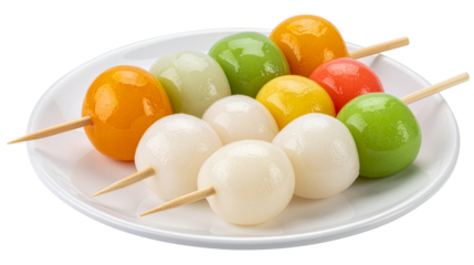 colorful dango skewers on white plate isolated on white background