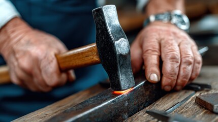 Blacksmith works on metal with hammer in workshop during daytime to shape tools and create items