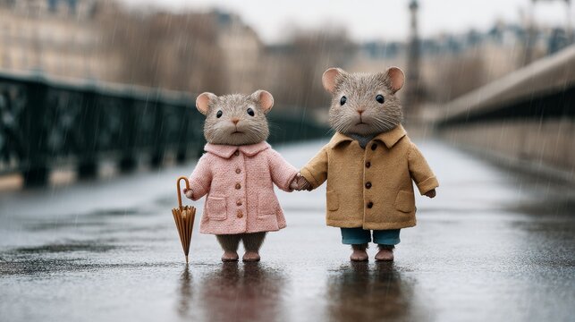 Charming mice pair strolling together on rainy paris street portrait urban playful whimsical