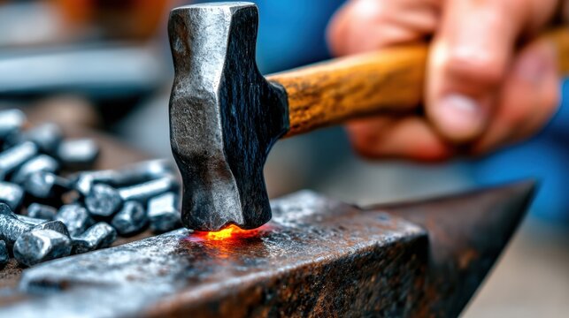 Blacksmith shaping metal using a hammer on an anvil with glowing hot iron in a workshop - Powered by Adobe