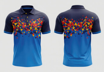 Vibrant polo shirt with a blue gradient and scattered colorful geometric triangles. Fun, energetic apparel for youth sports or casual summer fashion.