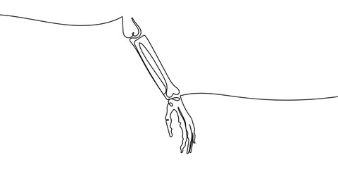 Continuous line art of human arm bones, medical illustration concept. line drawing style Vector on transparent background Editable stroke.