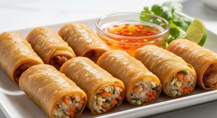 Delicious spring rolls with fresh vegetables and sweet chili sauce