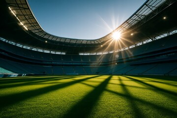 Empty Football Stadium with Green Field and Sunlight at Daytime