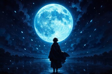 Lone Figure Standing Before Giant Blue Full Moon at Night