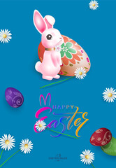 Easter blue illustration with cute pink bunny and eggs.