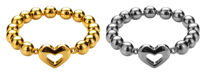 gold and silver beads bracelet with heart isolated on white background
