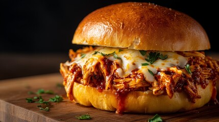 Pulled chicken sandwich with rich bbq sauce and melted mozzarella cheese on a brioche bun