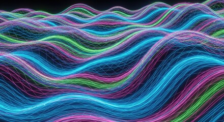 Vibrant digital waves in blue, pink, and green on dark background