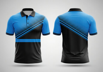 Elegant sports polo with a diagonal black and blue split and halftone star-dot pattern. Perfect for darts, billiards, or bowling team uniforms.