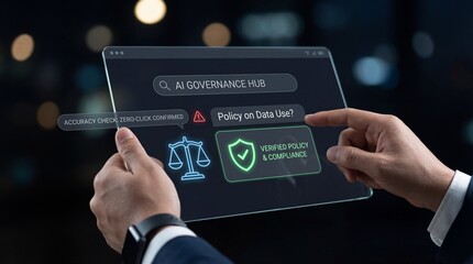 Ai governance hub business professional hands engaging with data compliance policies digital environment interactive viewpoint technology concept