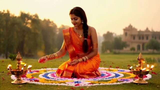 Young woman in a saree lights traditional lamps during a festive celebration