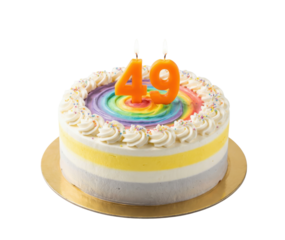 Rainbow Swirl Birthday Cake with Lit Orange 49 Candles on White Background
