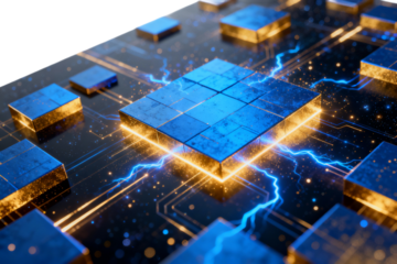 Circuit Board with Glowing Microchips and Electrical Arcs