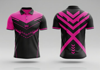 Bold black and neon pink polo shirt featuring sharp aggressive geometric lines and arrows. High-impact design for racing teams, gaming, or fitness apparel brands.