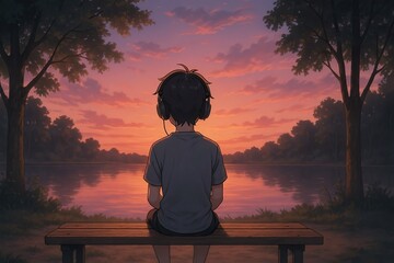 Lonely Child Sitting on Bench Watching Sunset by Lake