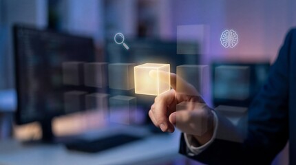 Innovative business professional hand interacting with virtual technology in a modern office environment