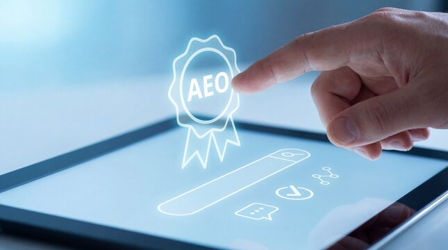 Closeup of a hand interacting with digital aeo certification on tablet business setting technology concept modern environment