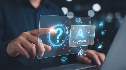 Human hand interacting with digital interface virtual workspace infographic content technology environment close-up viewpoint problem solving concept