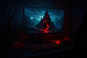 Dark Fantasy Landscape Displayed on Gaming Computer Monitor at Night