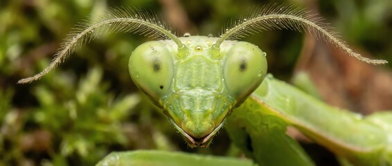 Close up macro portrait of a green praying mantis insect with large eyes and antennae.