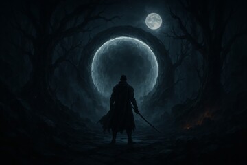 Dark Fantasy Warrior Standing Before Glowing Portal Under Moonlight