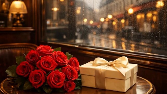 A bouquet of red roses and a wrapped gift placed on a caf&eacute; table by a rainy window, evoking an elegant and romantic Valentine&rsquo;s Day atmosphere
