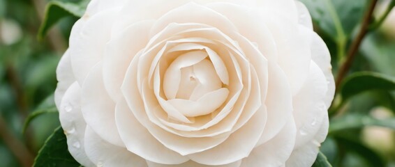 Close up of a delicate white camellia flower with soft petals and green leaves.