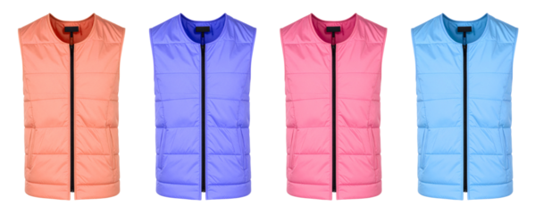 set of sleeveless jacket in four colors isolated on white background