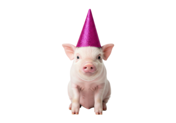 detailed portrait of a three-week-old pink piglet wearing a vivid pink glitter party hat, seated on a white seamless background with subtle confetti. concept of whimsical celebration