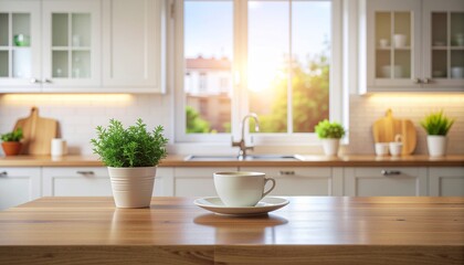 A bright and modern kitchen interior with white cabinets, wooden countertops, a potted plant, and a cup of coffee on a sunny morning.