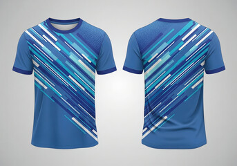 Creative crew neck t-shirt design with abstract diagonal blue and white tech lines. High-energy graphic perfect for e-sports, racing, and athletic wear.