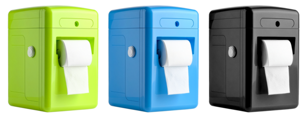toilet paper dispenser in three colors isolated on white background