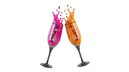 Two champagne glasses clinking with colorful liquid splashes