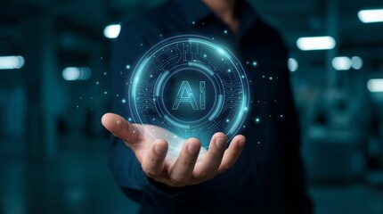 Closeup of a hand holding ai technology sphere business environment digital innovation futuristic concept