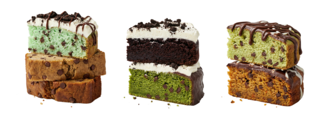 Stacked Slices of Various Flavored Cakes with Frosting and Toppings