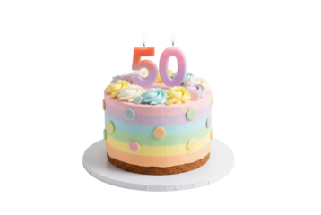 Colorful Pastel Rainbow 50th Birthday Cake with Lit Candles on White Background
