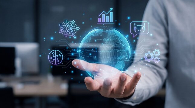 Closeup of an innovative futuristic hand gesture office setting digital technology visualization modern environment business concept - Powered by Adobe