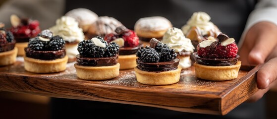 A close-up shot of hands holding a wooden tray filled with assorted fruit tarts and pastries