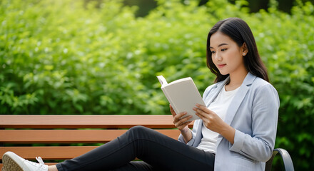 Fototapeta premium Young Asian woman sitting on a wooden park bench reading a book