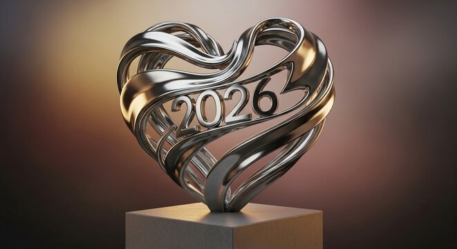 Shiny metallic heart shape with 2026 engraved on it
