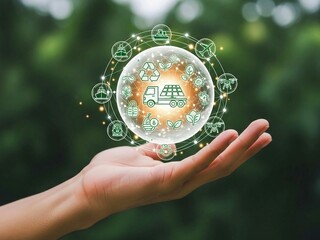 Hand Holding Glowing Eco Transportation Sphere with Sustainable Mobility Icons