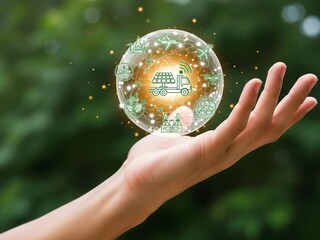 Hand Holding Glowing Eco Transportation Sphere with Sustainable Mobility Icons