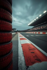 A dramatic low-angle shot captures a stack of vibrant red racing tires serving as a safety barrier alongside a winding asphalt track. The strong perspective leads the eye towards the distant grandstan