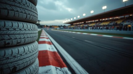 A dynamic low-angle perspective captures the essence of motor racing at a professional circuit. Stacked tires, with their robust treads in sharp focus on the left, frame a blurred race track extending