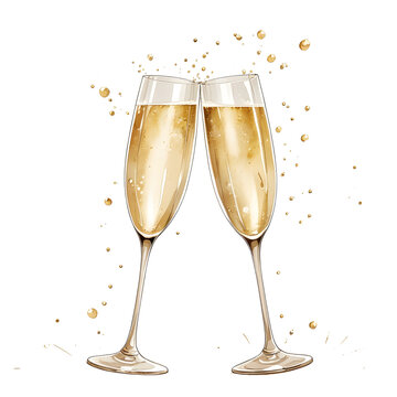 two glasses of champagne isolated on white, watercolor illustration, Generative AI