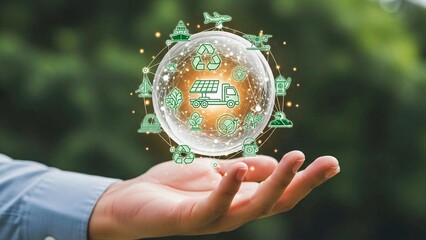 Hand Holding Glowing Eco Transportation Sphere with Sustainable Mobility Icons